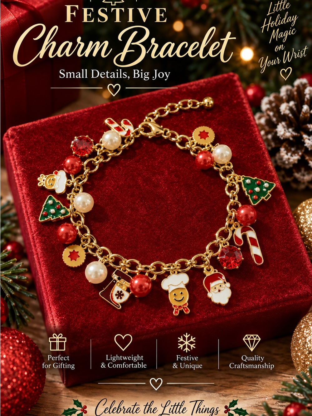 Gold-Tone Festive Charm Bracelet with Red, Green & Pearl Accents